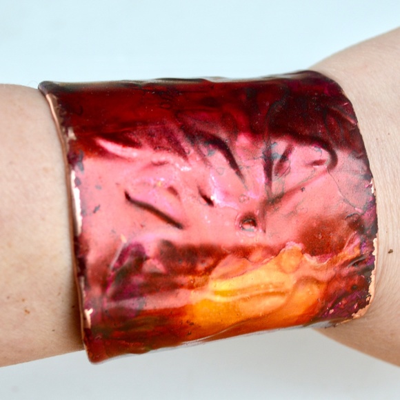 Pink Purple Patina Lily Copper Wide Cuff Bracelet - Picture 4 of 8